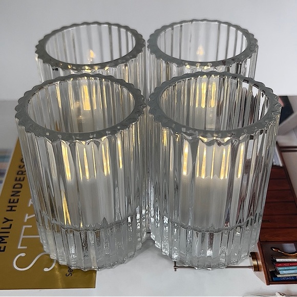 Ribbed Glass Candle Holder Set of 4 Clear Heavy Chic Holiday Home Decor - Picture 14 of 14